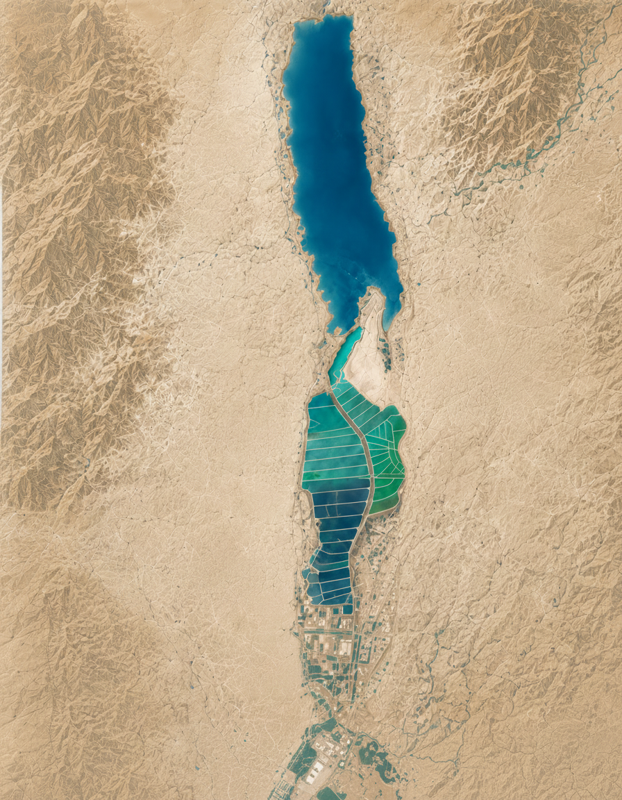 Satellite map of the Dead Sea showing brine flowing from the northern basin into the southern evaporation ponds, then treated brine returning to the sea